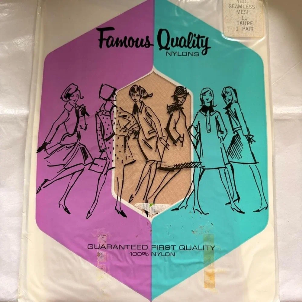 Vintage 1960s Famous Quality Nylon Seamless Mesh Tape Up Pantyhose
